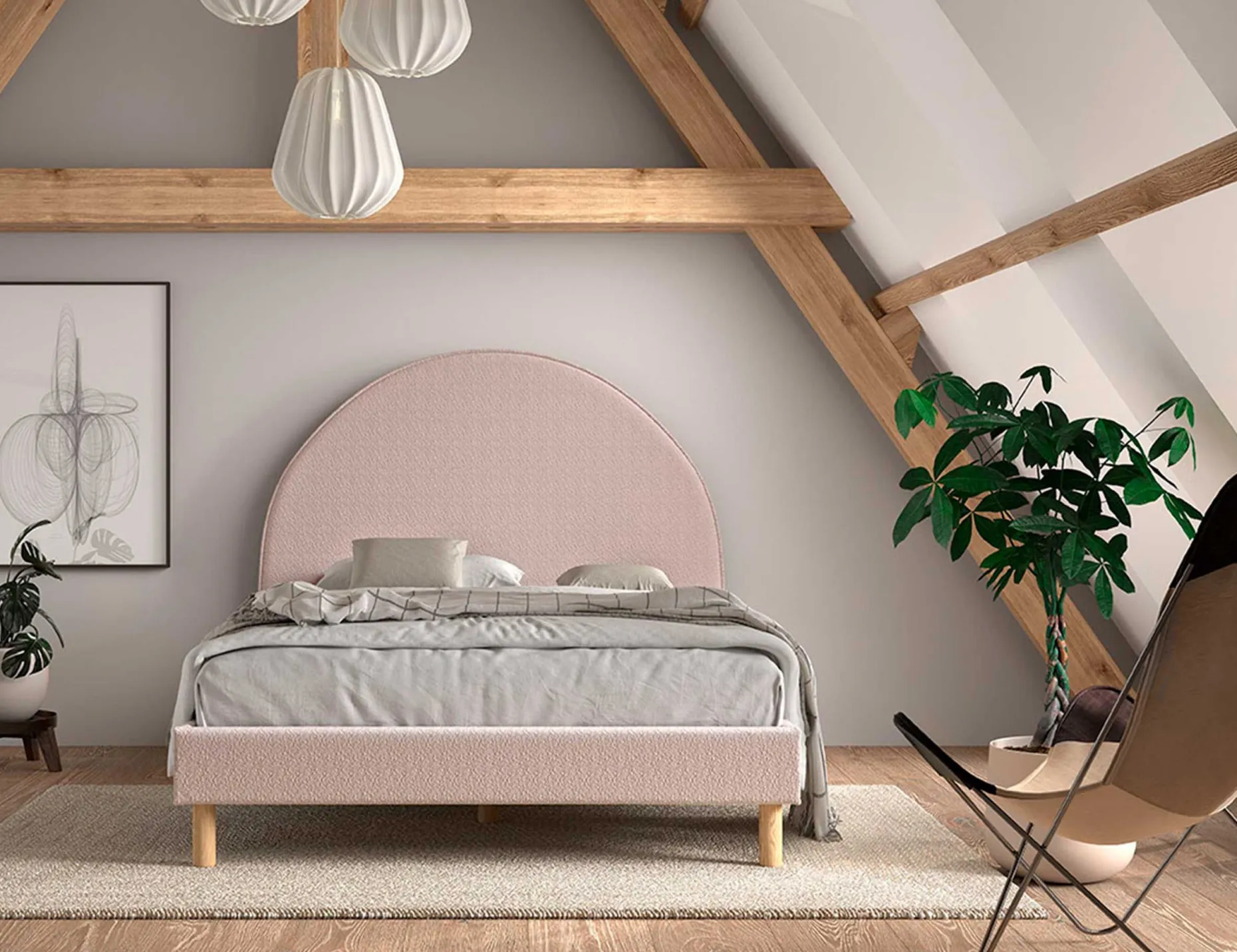 Polsterbett Maeva 140x200cm mit zwei Nachttischen - rosa Bouclé-Stoff