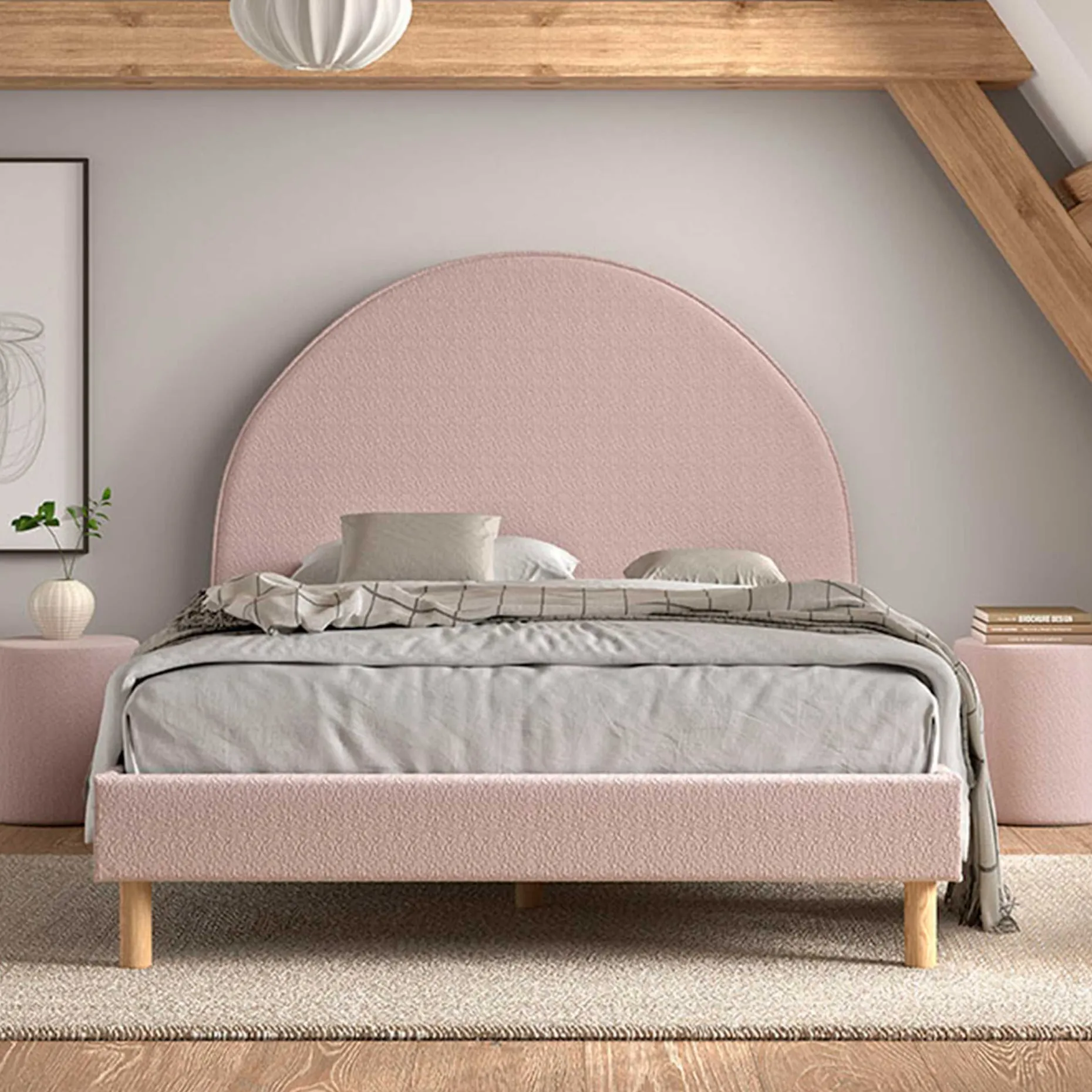 Polsterbett Maeva 140x200cm mit zwei Nachttischen - rosa Bouclé-Stoff