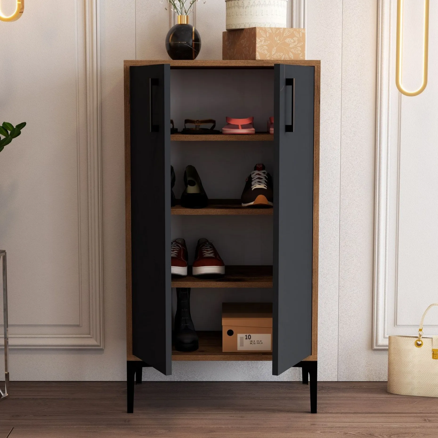 Prag Schuhschrank | 100% MELAMIN | Walnuss, Anthrazit