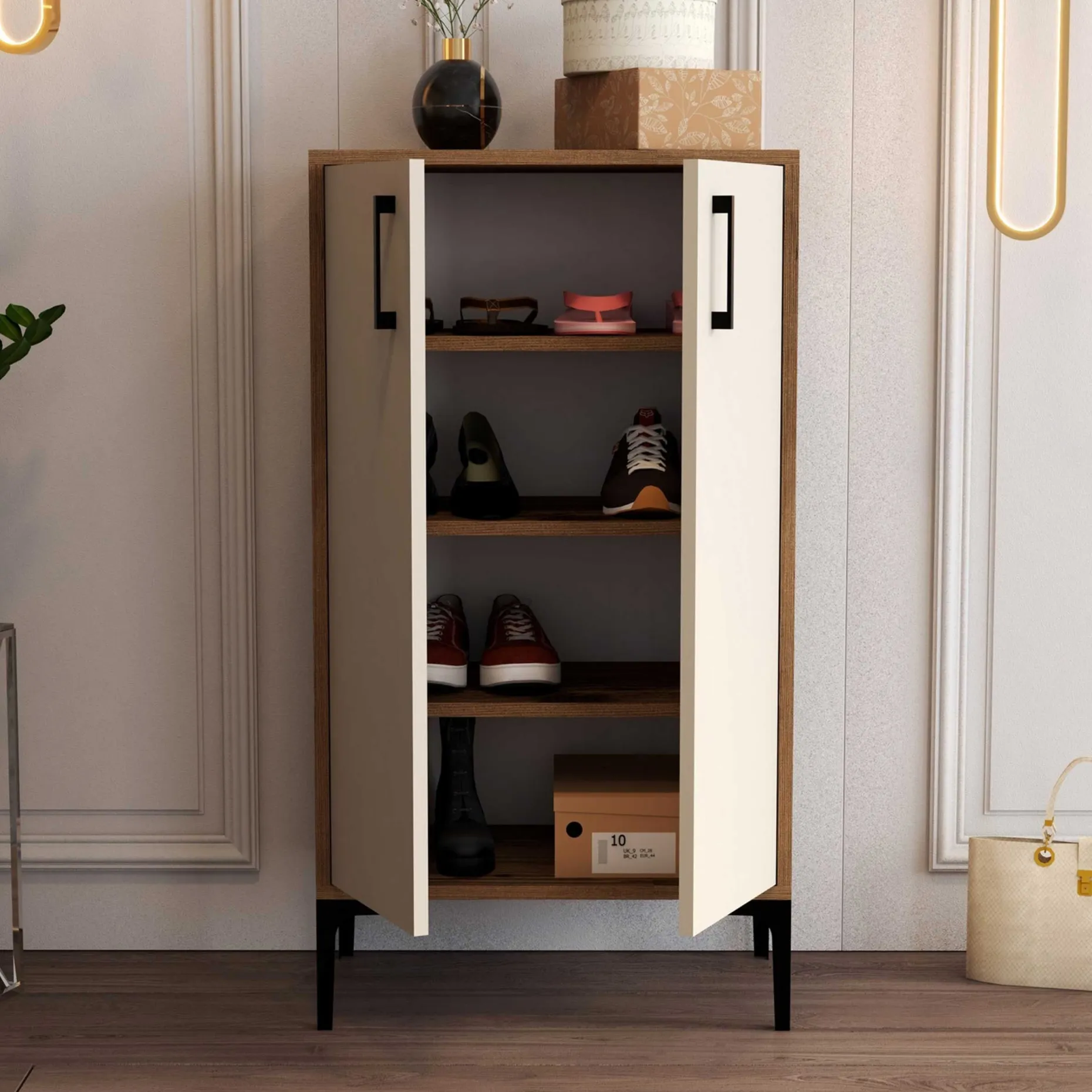 Prag Schuhschrank | 100 % MELAMIN | Walnuss, Creme