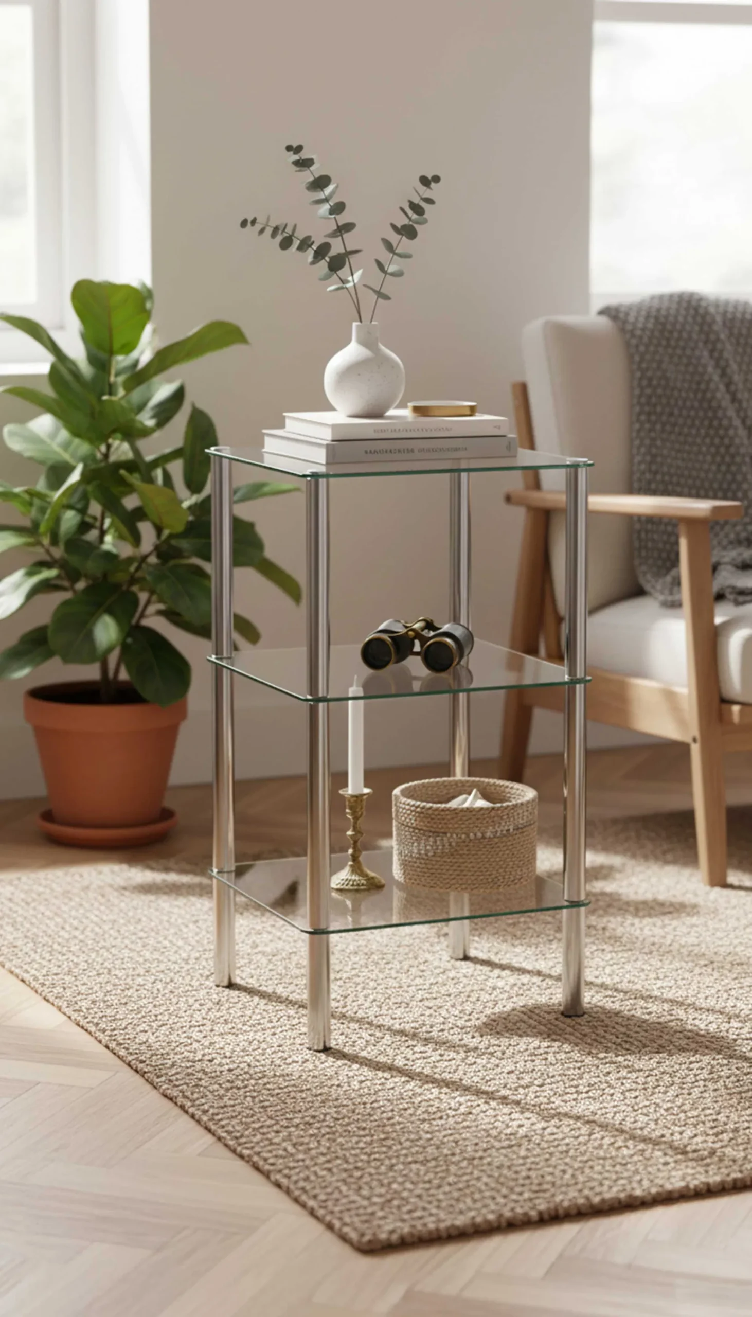 Haku Quadratischer Beistelltisch Bas - 39x39x75 cm - Chromstahl/Sicherheitsglas