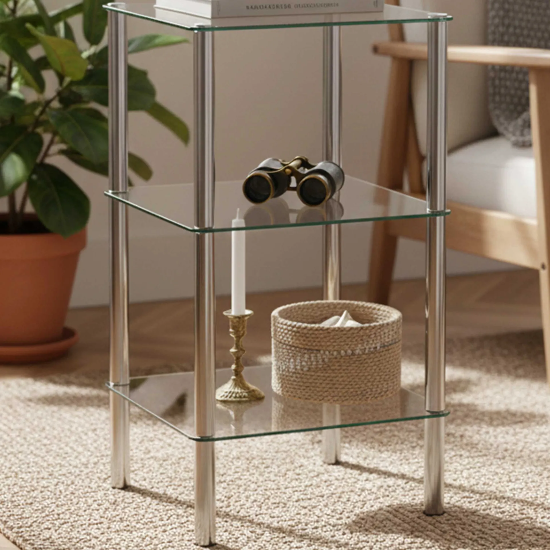 Haku Quadratischer Beistelltisch Bas - 39x39x75 cm - Chromstahl/Sicherheitsglas