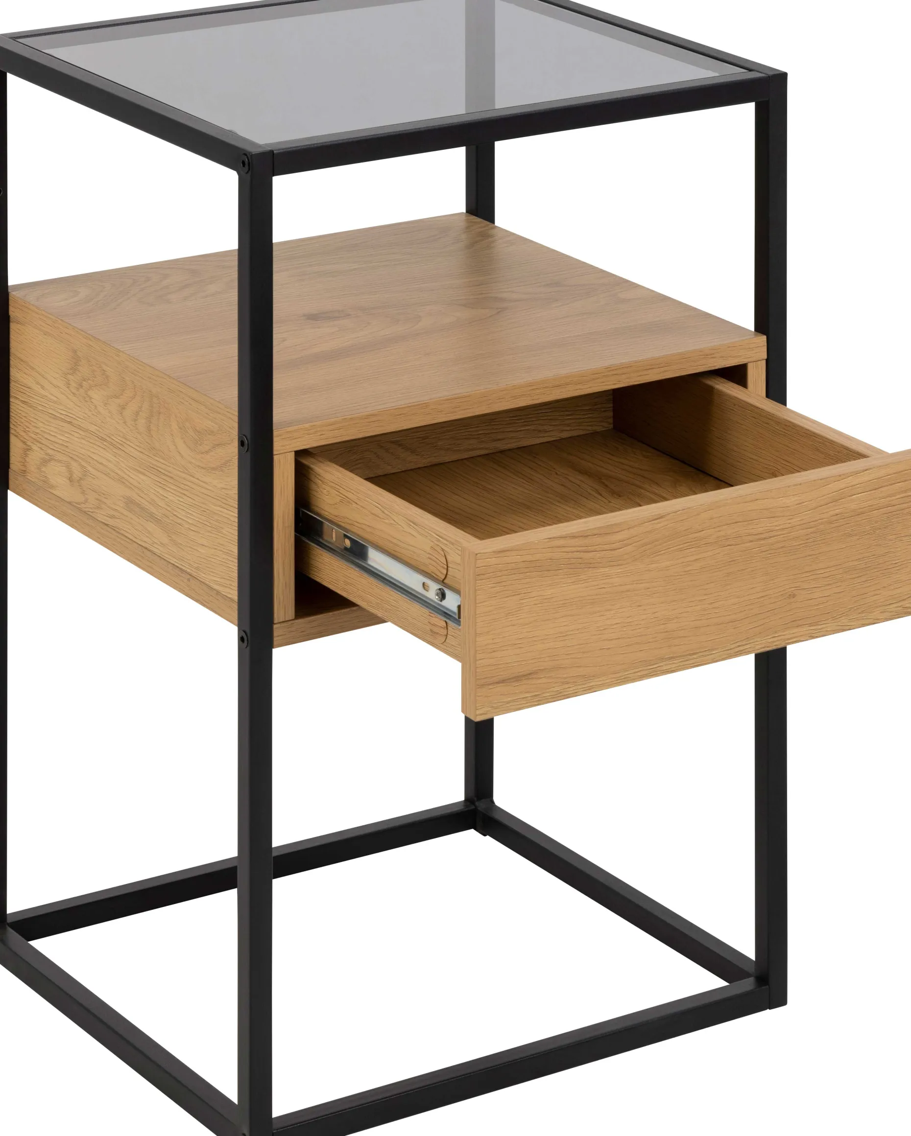 Quadratischer Nachttisch aus roher Eiche, Rauchglas und Stahl