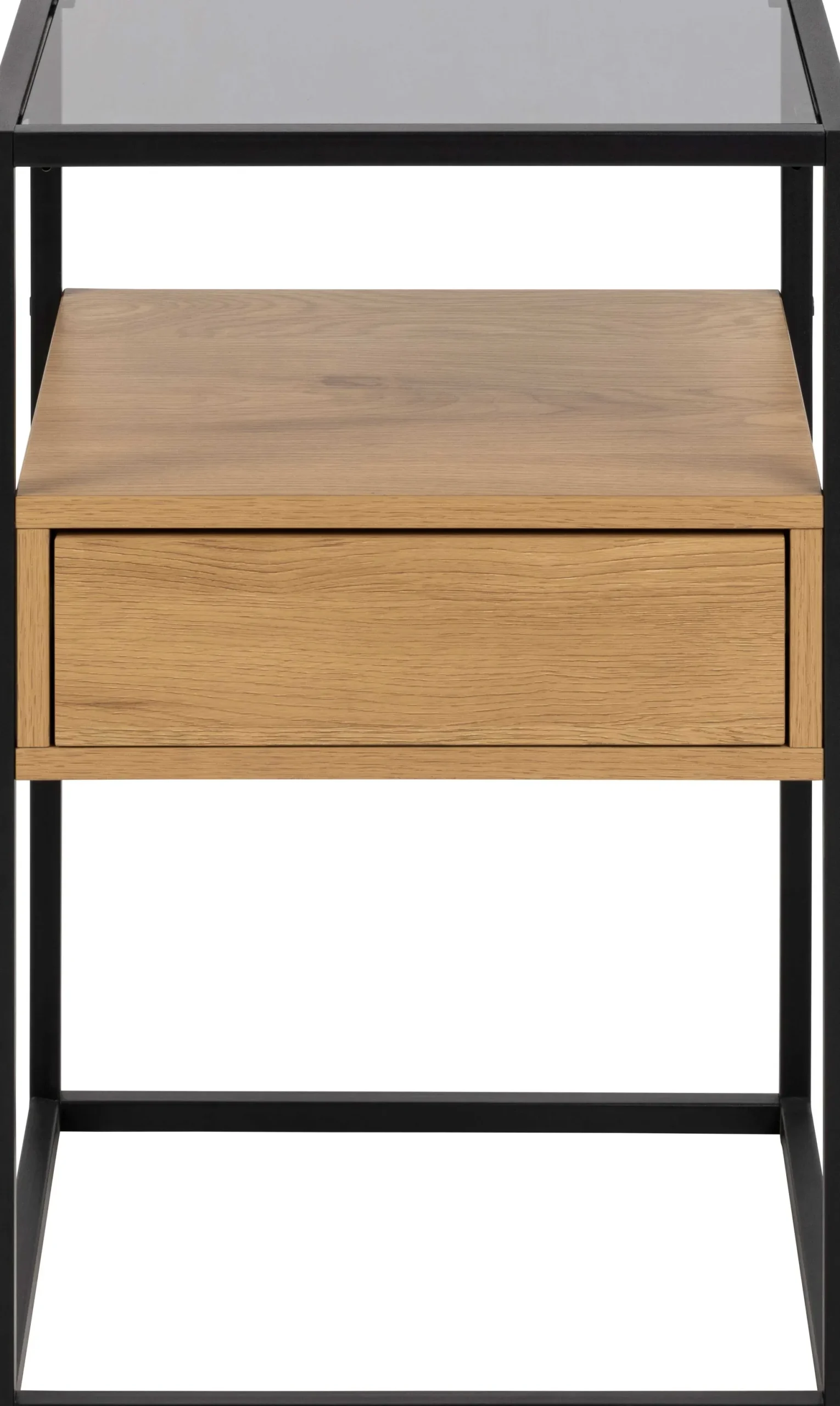 Quadratischer Nachttisch aus roher Eiche, Rauchglas und Stahl