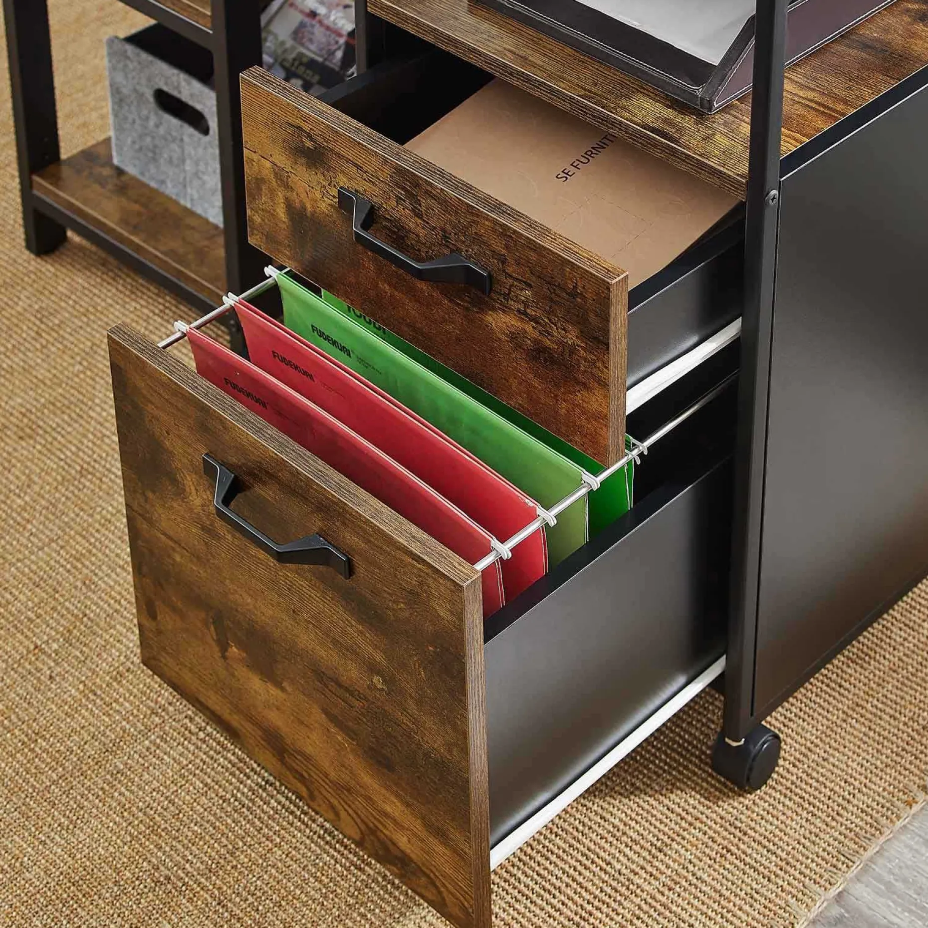 Rollbarer Büro-Aktenschrank mit Rädern, 2 Schubladen, 50kg