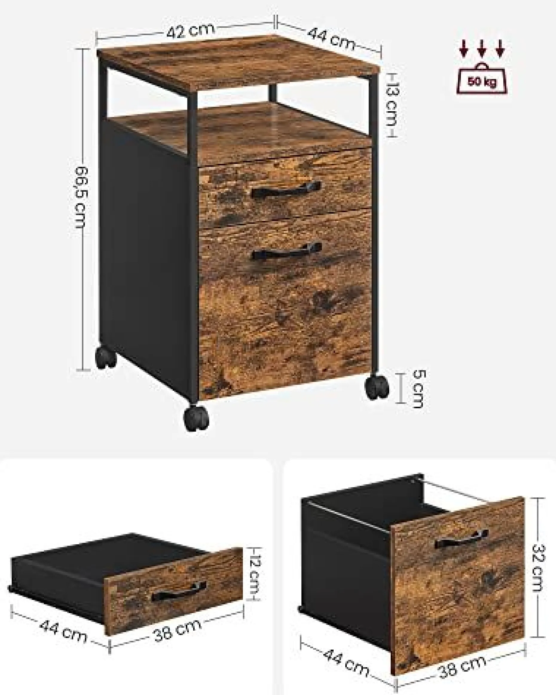 Rollbarer Büro-Aktenschrank mit Rädern, 2 Schubladen, 50kg