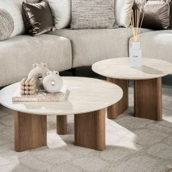 Emob Romano Runder Keramischer Travertin Couchtisch Set/2