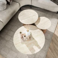Emob Romano Runder Keramischer Travertin Couchtisch Set/3