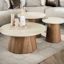 Emob Romano Runder Keramischer Travertin Couchtisch Set/3