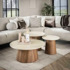 Emob Romano Runder Keramischer Travertin Couchtisch Set/3