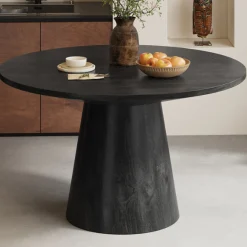 Rousseau Runder Esstisch Tommy 130 cm aus em strukturiertem Metall und exotischem Mangolienholz