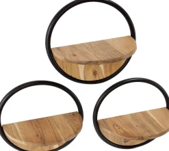 Rundes Wandregal aus Akazienholz Set/3 mit Metallakzenten