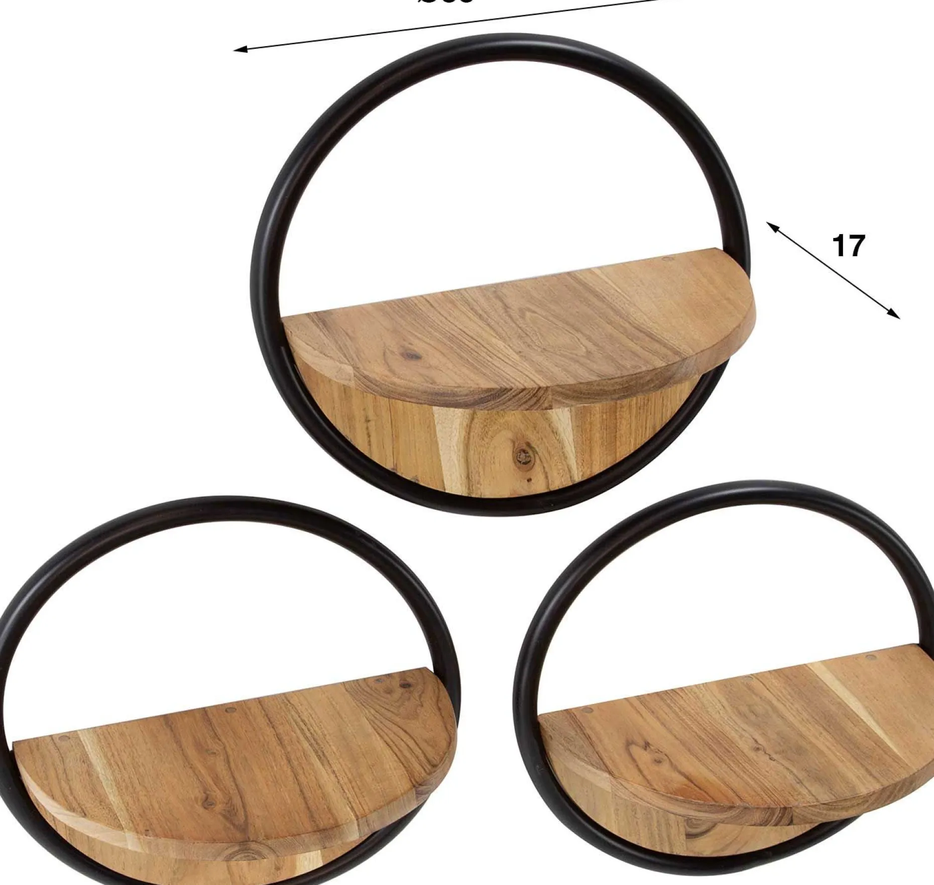Rundes Wandregal aus Akazienholz Set/3 mit Metallakzenten