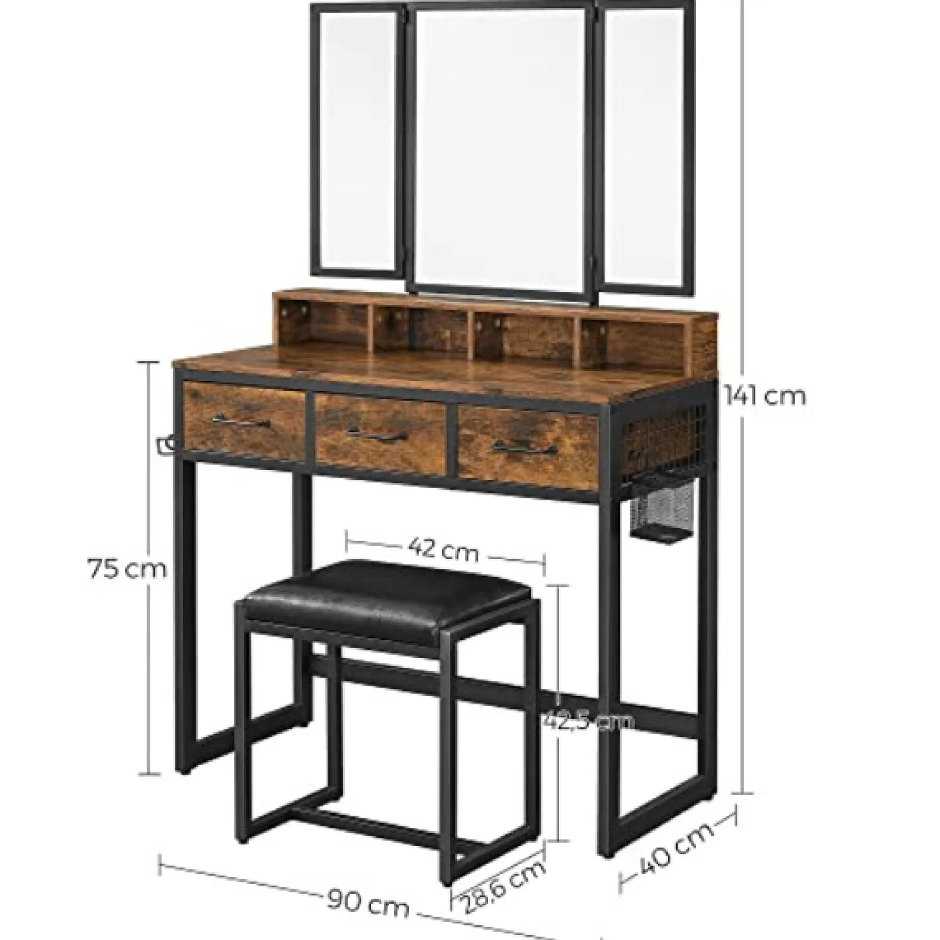 Kinder Vasagle Rustikales Schwarz/ Frisiertisch-Set mit Spiegel und Hocker