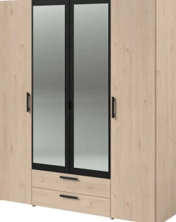 Salvador Kleiderschrank mit Spiegel, 4 Türen und 2 Schubladen - jackson oak/schwarz