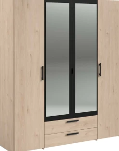 Salvador Kleiderschrank mit Spiegel, 4 Türen und 2 Schubladen - jackson oak/schwarz