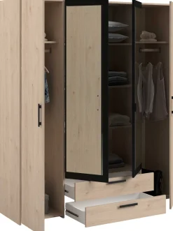 Salvador Kleiderschrank mit Spiegel, 4 Türen und 2 Schubladen - jackson oak/schwarz