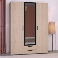 Salvador Kleiderschrank mit Spiegel, 3 Türen und 2 Schubladen - jackson oak/schwarz