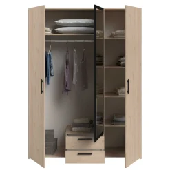 Salvador Kleiderschrank mit Spiegel, 3 Türen und 2 Schubladen - jackson oak/schwarz