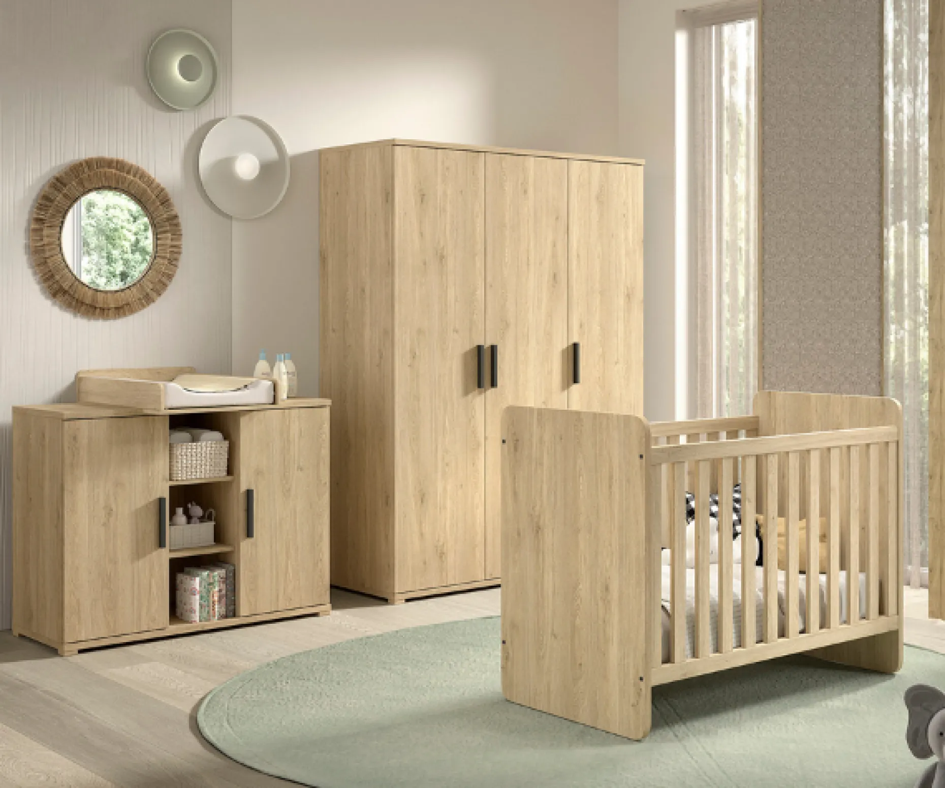 SammieBabyzimmer : Ausziehbett, Kommode mit Wickeltisch, Kleiderschrank - Eichendekor