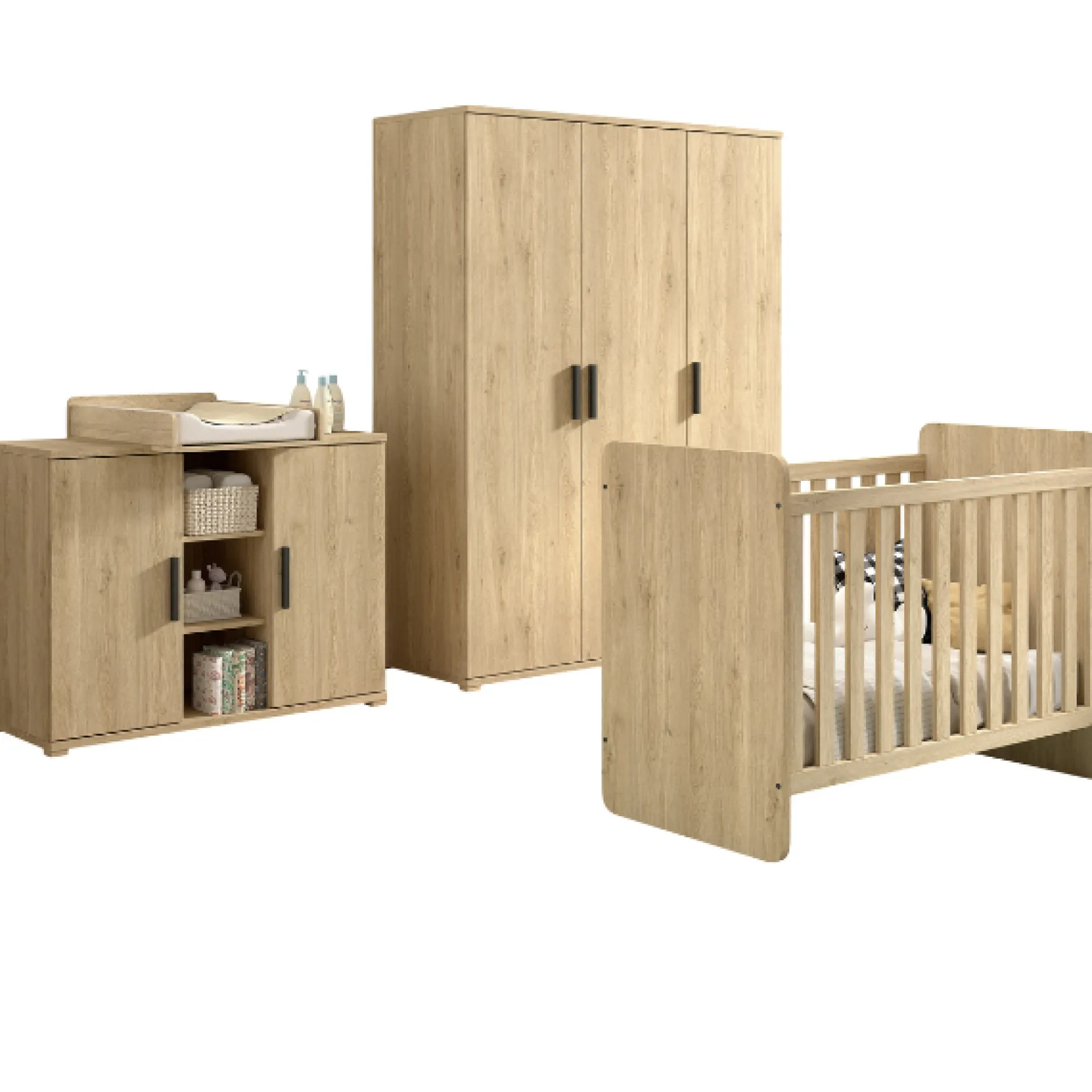 SammieBabyzimmer : Ausziehbett, Kommode mit Wickeltisch, Kleiderschrank - Eichendekor