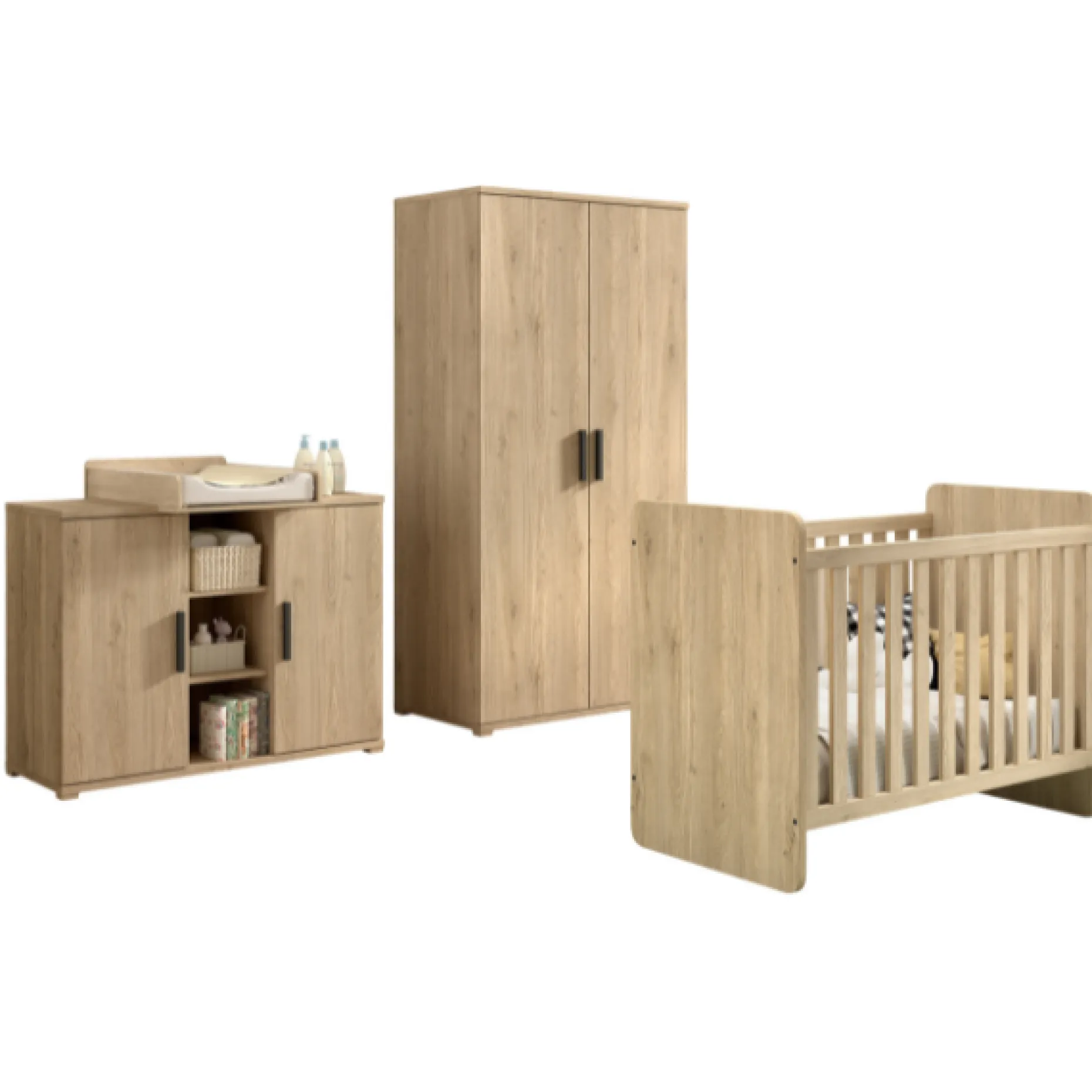 SammieBabyzimmer : Ausziehbett, Kommode mit Wickeltisch, Kleiderschrank - Eichendekor