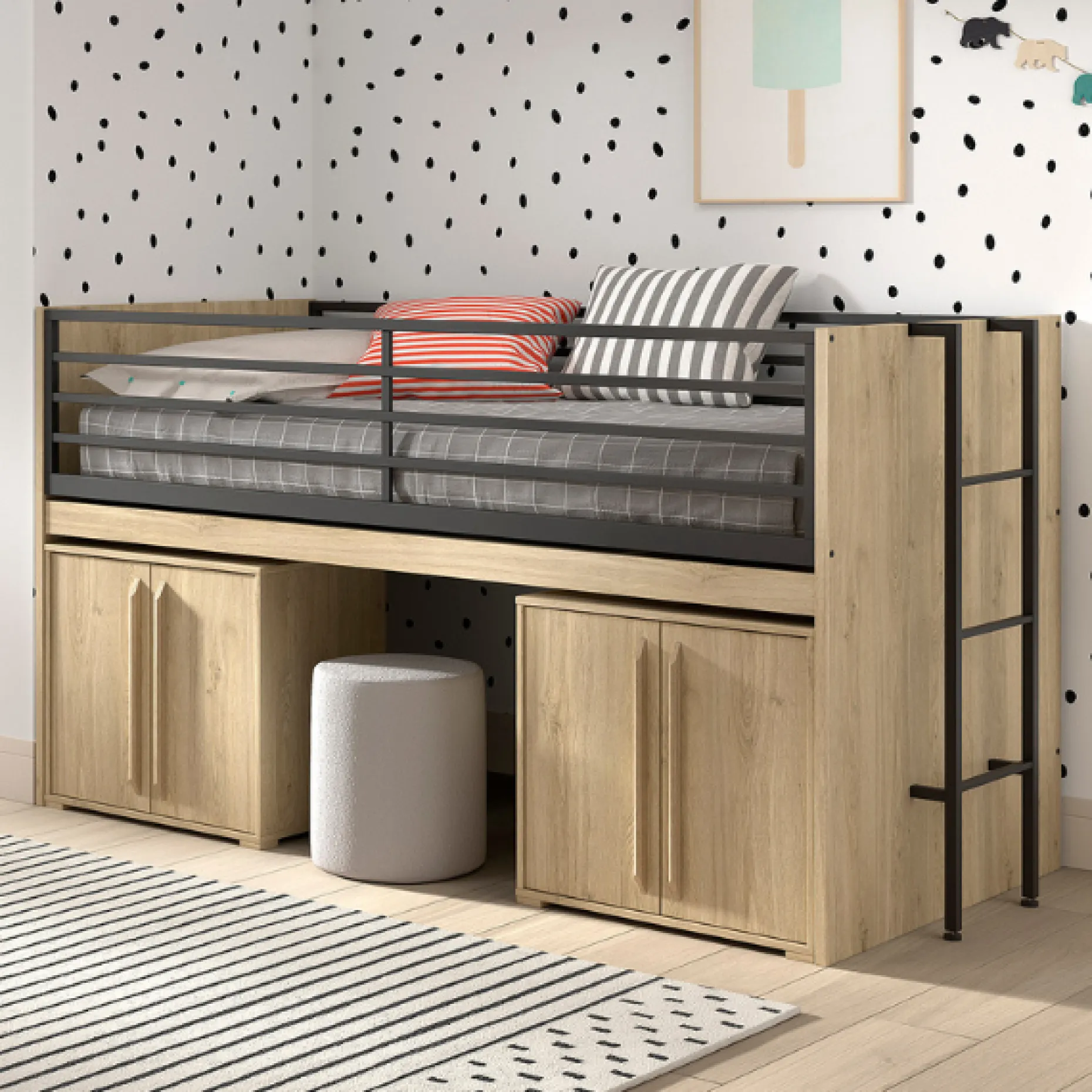 Sammie Halbhochbett 90x200cm - mit Schreibtisch und Kommode - Eiche Dekor