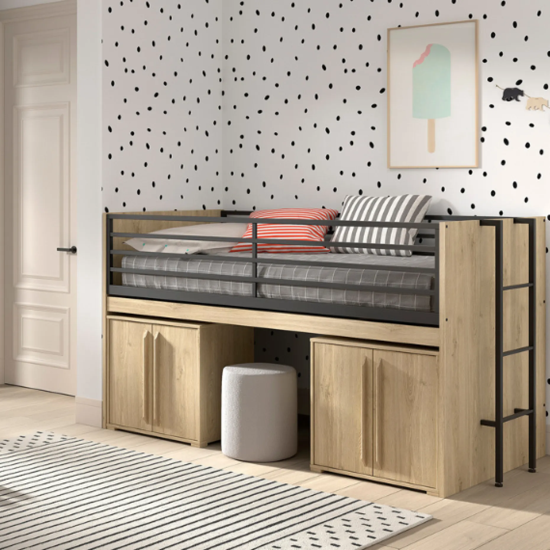 Sammie Halbhochbett 90x200cm - mit Schreibtisch und Kommode - Eiche Dekor