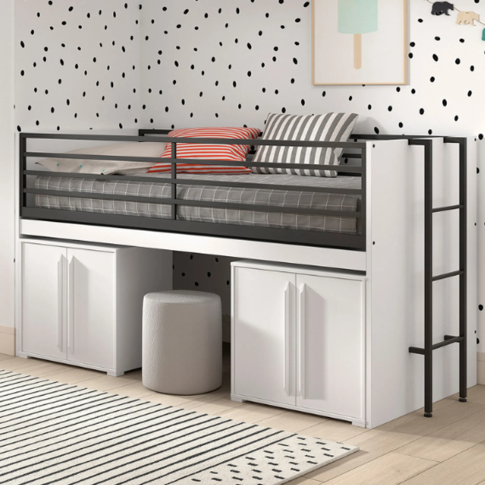 Sammie Halbhohes Bett 90x200cm - mit Schreibtisch und Kommode - weiß