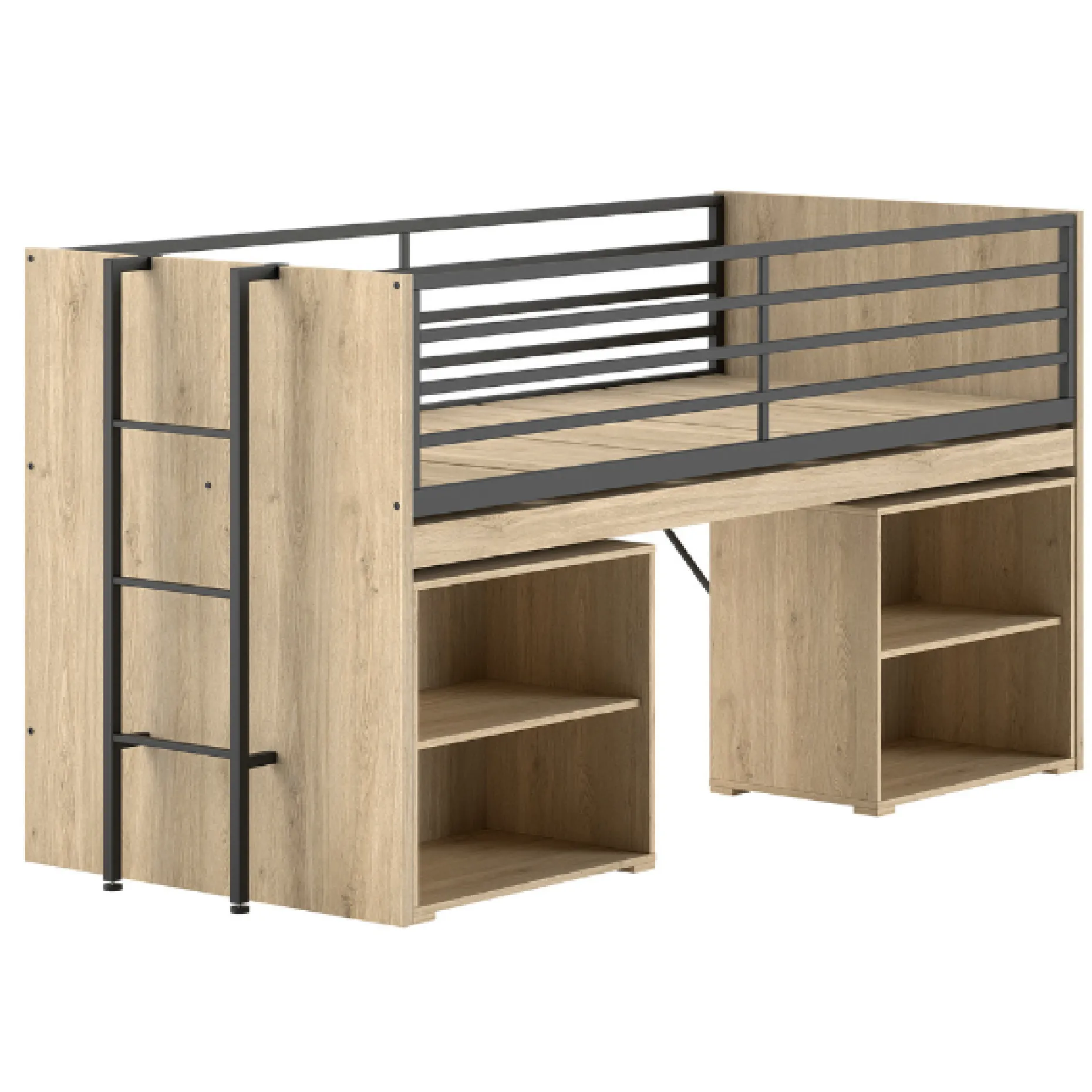 Sammie Halbhohes Bett 90x200cm - mit Schreibtisch und Bücherregalen - Eiche Dekor