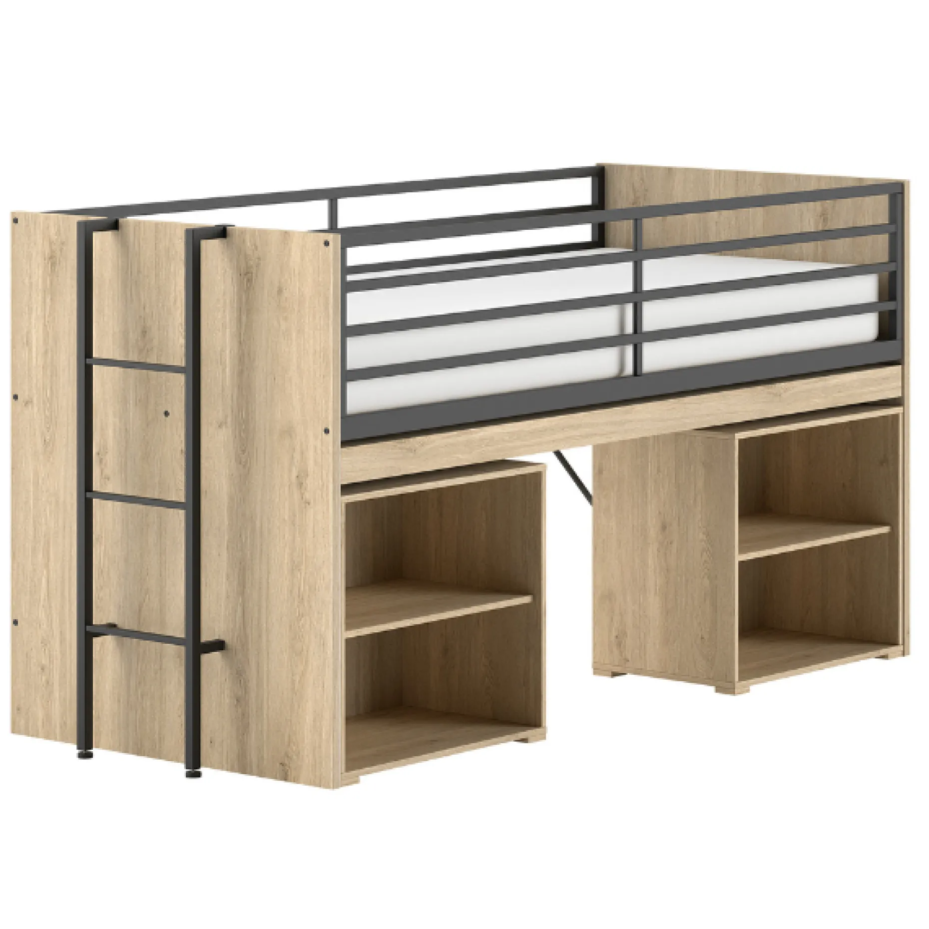 Sammie Halbhohes Bett 90x200cm - mit Schreibtisch und Bücherregalen - Eiche Dekor