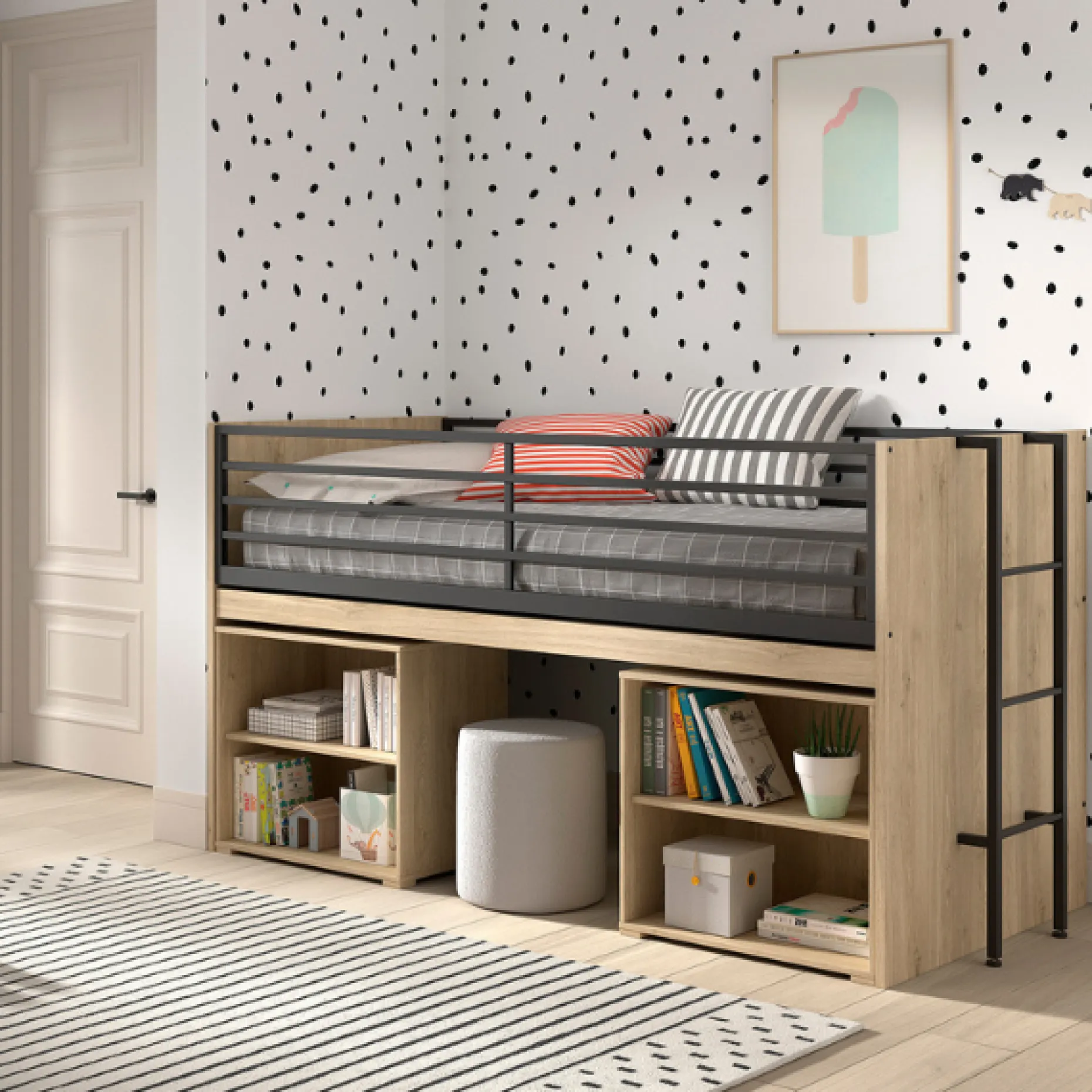 Sammie Halbhohes Bett 90x200cm - mit Schreibtisch und Bücherregalen - Eiche Dekor