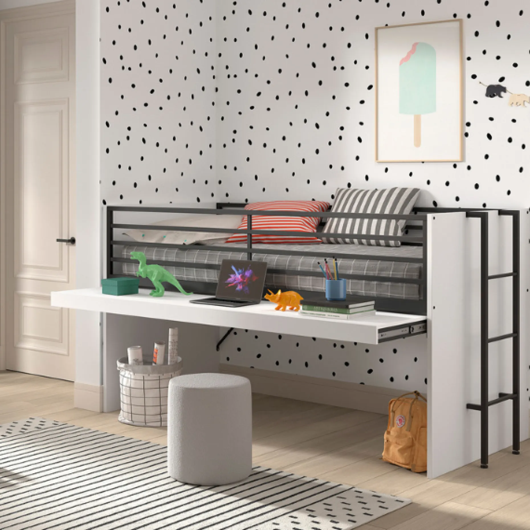 Sammie Halbhohes Bett 90x200cm - mit Schreibtisch - weiß