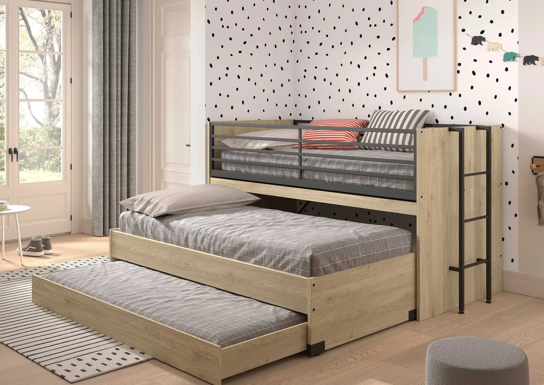 Sammie Halbhohes Bett 90x200cm mit 2 Betten, Bettkasten und Schreibtisch - Eichendekor
