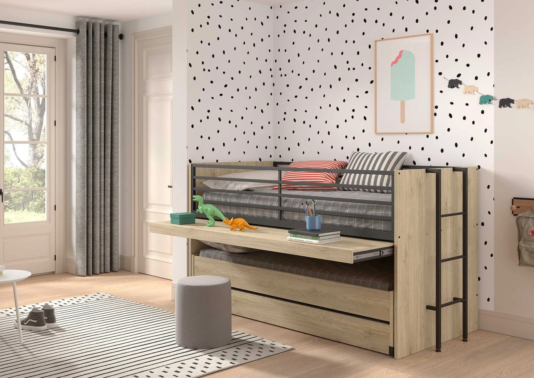 Sammie Halbhohes Bett 90x200cm mit 2 Betten, Bettkasten und Schreibtisch - Eichendekor