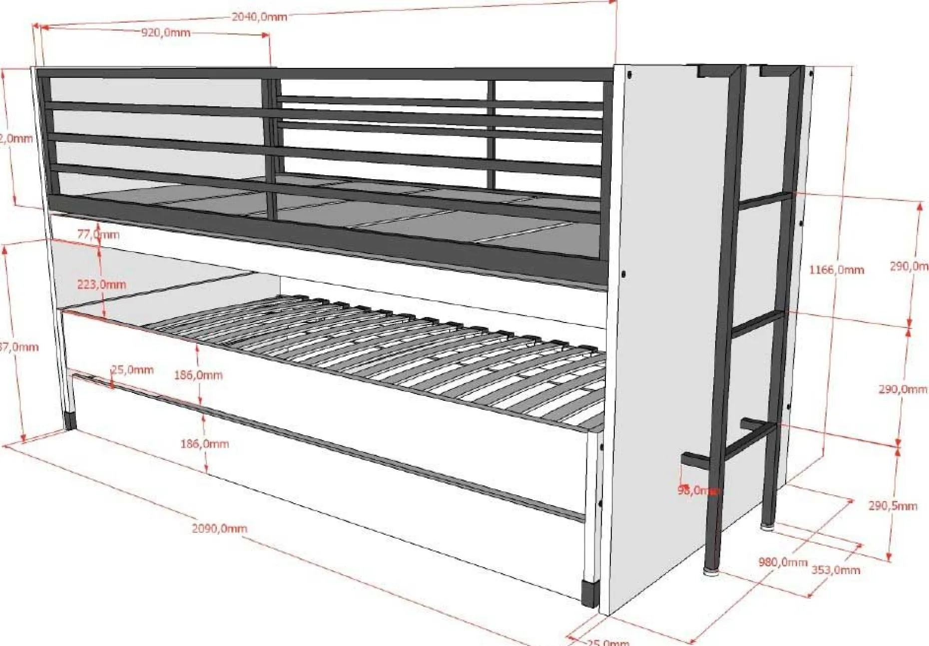 Sammie Halbhohes Bett 90x200cm mit 2 Betten, Bettkasten und Schreibtisch - Eichendekor