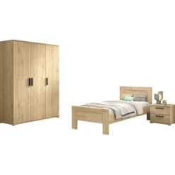 SammieJugendzimmer : Bett 90x200cm, Nachttisch, Kleiderschrank - Eiche Dekor