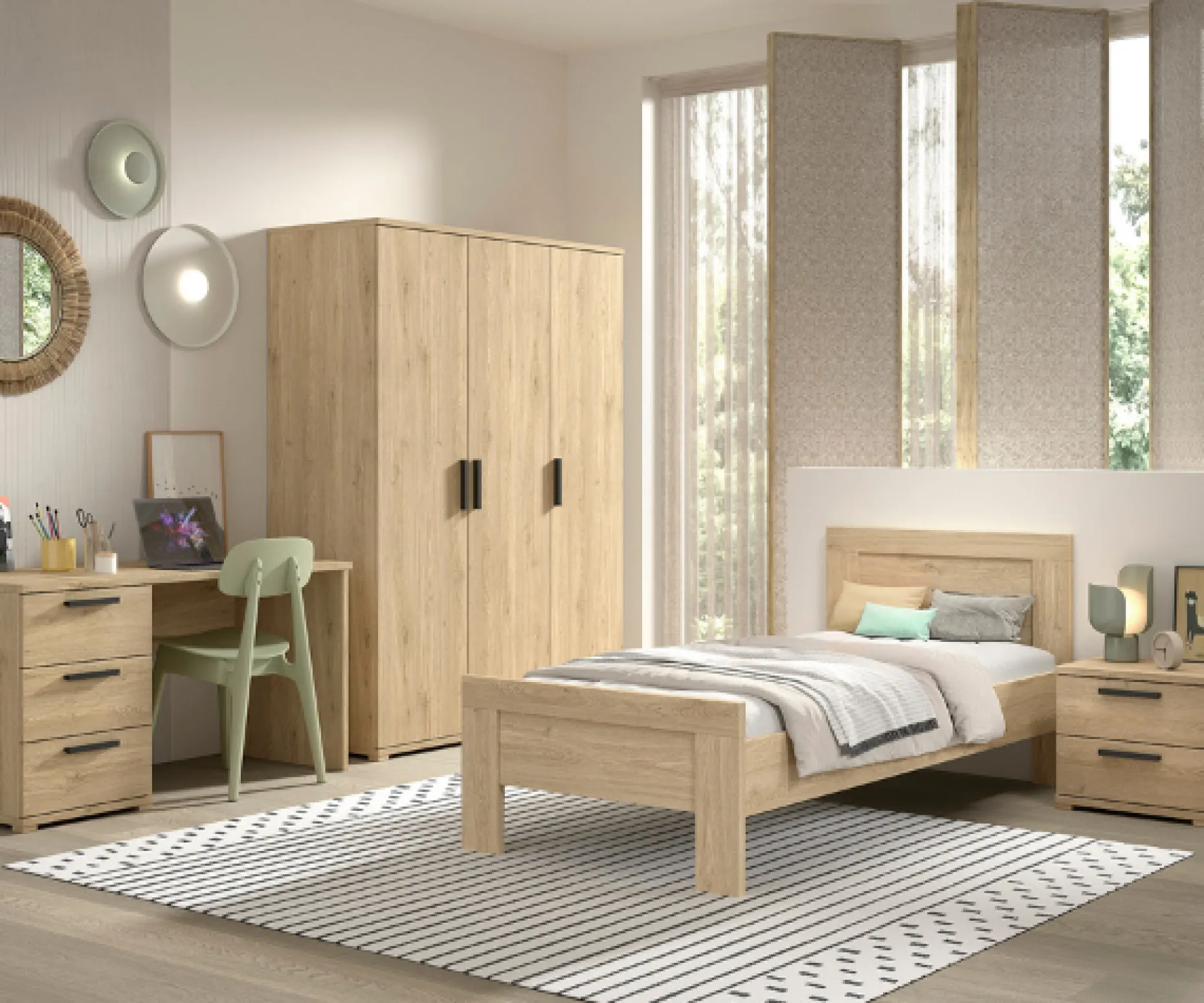 SammieJugendzimmer : Bett 90x200cm, Nachttisch, Kleiderschrank, Schreibtisch - Eichendekor