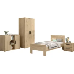 Kinder Vipack SammieJugendzimmer : Bett 90x200cm, Nachttisch, Kleiderschrank, Kommode - Eichendekor