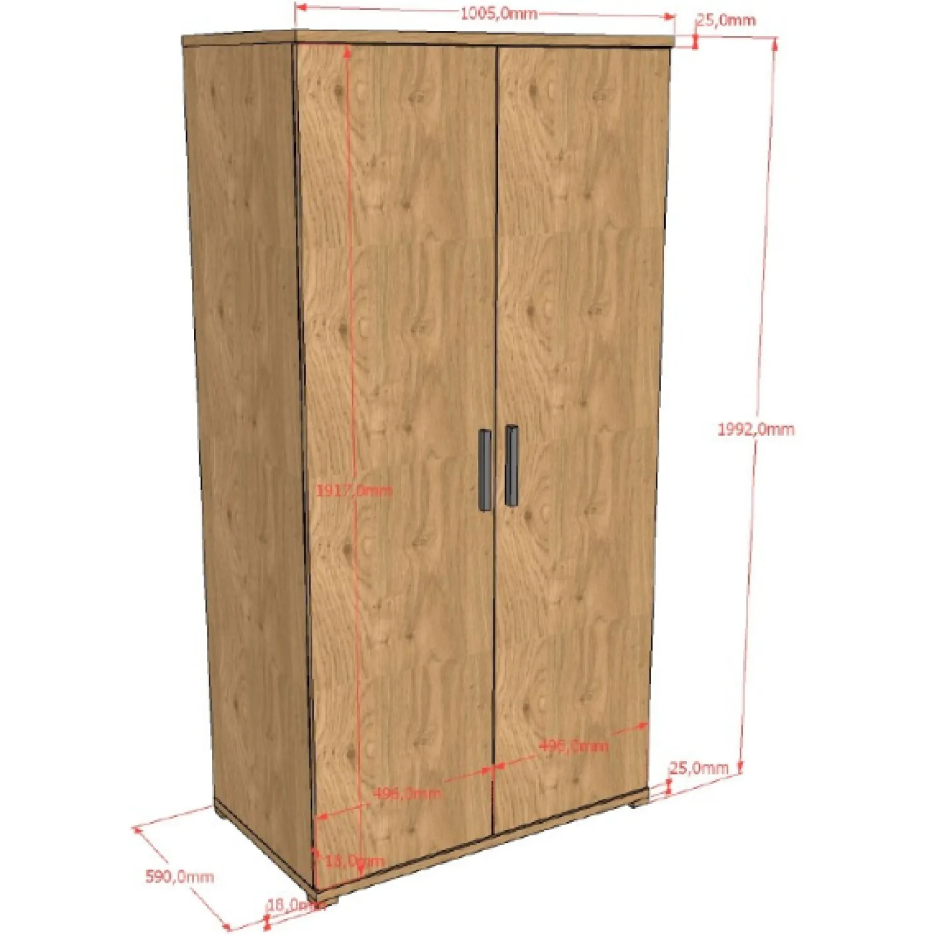 Kinder Vipack SammieJugendzimmer : Bett 90x200cm, Nachttisch, Kleiderschrank - Eiche Dekor