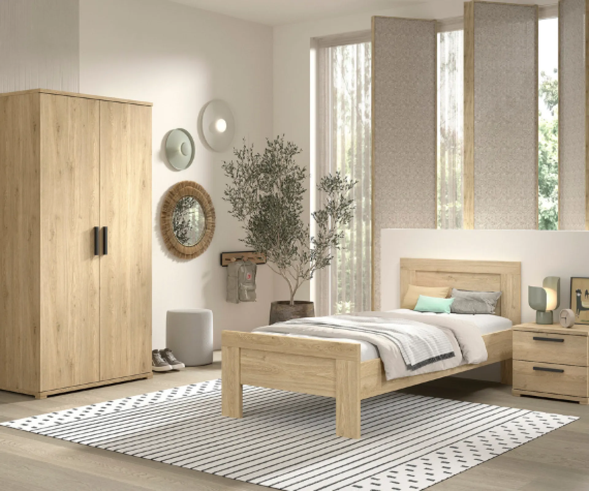 Kinder Vipack SammieJugendzimmer : Bett 90x200cm, Nachttisch, Kleiderschrank - Eiche Dekor