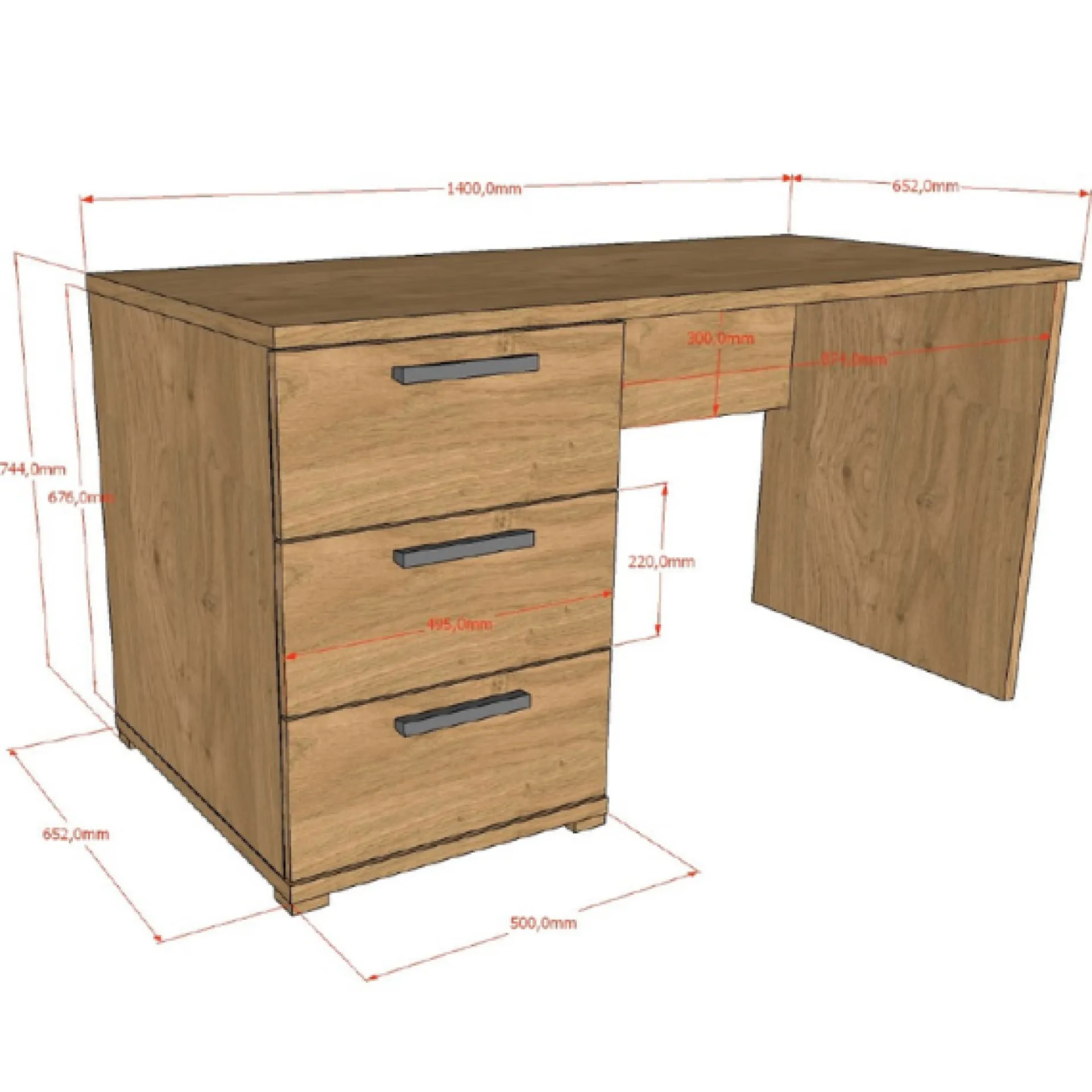 Kinder Vipack Sammie Schreibtisch - 140x65x74cm - mit drei Schubladen - Eiche Dekor