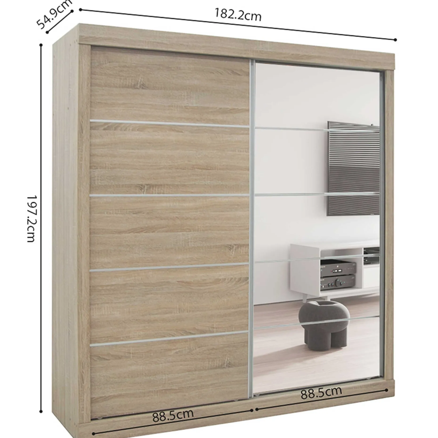 Schiebeschrank Mike mit Spiegeltür | Sonoma, Spanplatte, MDF | 197,5 x 182,5 x 52,5 cm