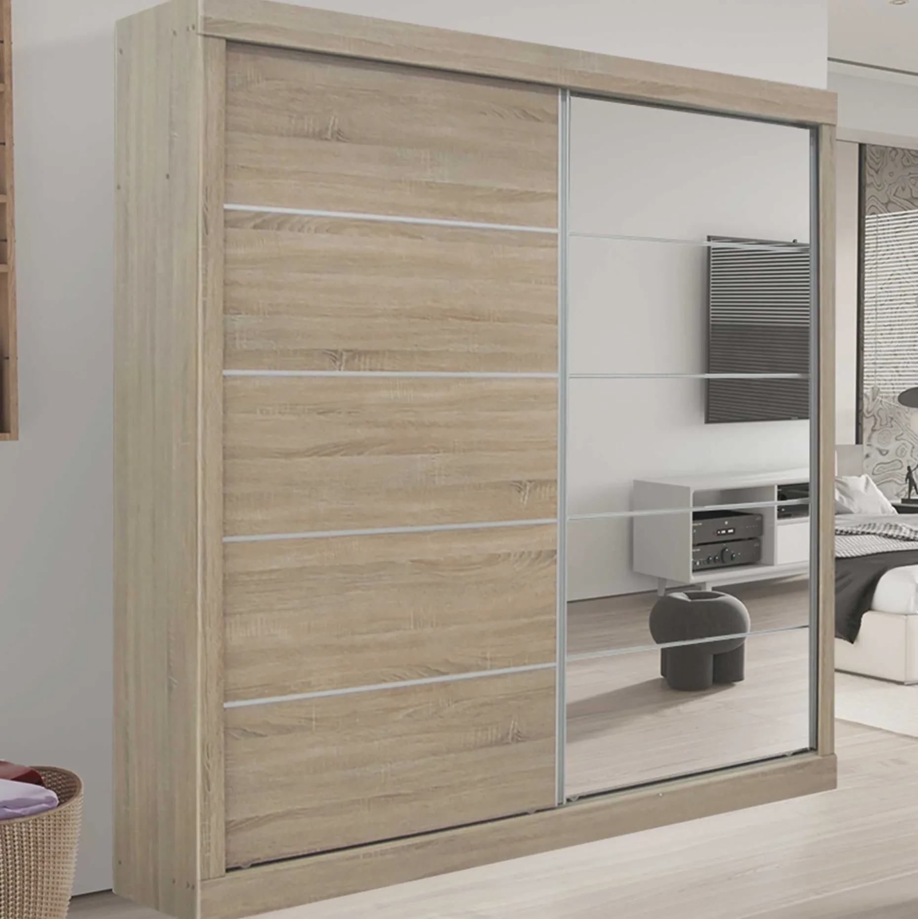 Schiebeschrank Mike mit Spiegeltür | Sonoma, Spanplatte, MDF | 197,5 x 182,5 x 52,5 cm