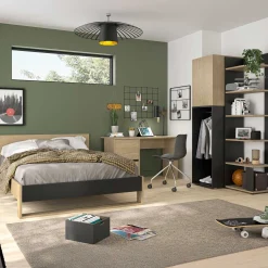 Kinder Gautier - Gami Schlafzimmer Nael: Doppelbett 140x190, Schreibtisch, Bücherregal, Kleiderschrank - Eiche Dekor/schwarz