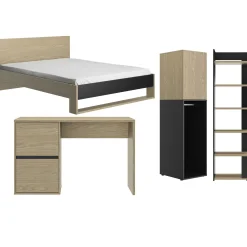 Kinder Gautier - Gami Schlafzimmer Nael: Doppelbett 140x190, Schreibtisch, Bücherregal, Kleiderschrank - Eiche Dekor/schwarz