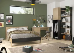 Kinder Gautier - Gami Schlafzimmer Nael: Doppelbett 140x190, Schreibtisch, Bücherregal, Kleiderschrank - Eiche Dekor/schwarz