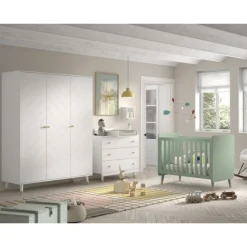 Schlafzimmerset Billy - Kommode, Färberregal, dreitüriger Kleiderschrank und Babybett - Weiß/Grün