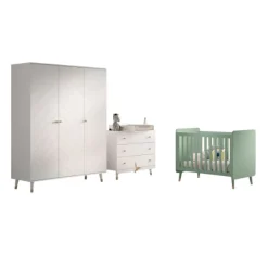 Schlafzimmerset Billy - Kommode, Färberregal, dreitüriger Kleiderschrank und Babybett - Weiß/Grün