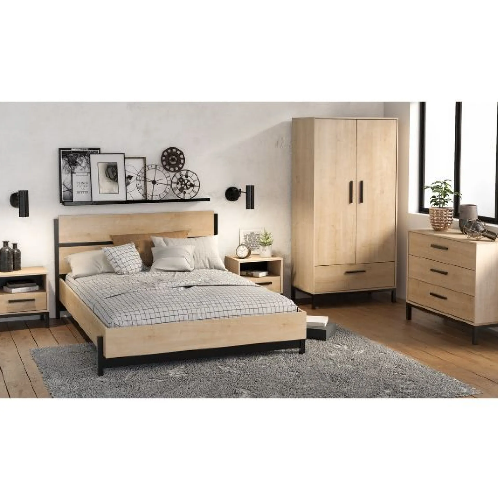 CBA Schlafzimmerset Craig | Doppelbett, Nachttisch, Kleiderschrank, Kommode | Oak Matte Black